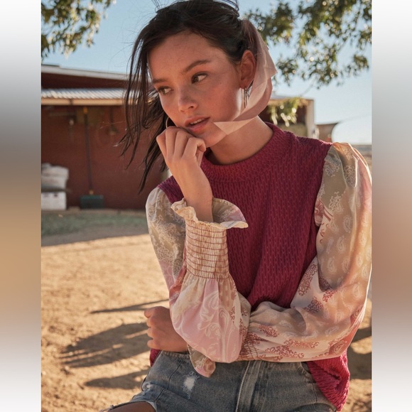 07 Boho Contrast Long Sleeve Blouse Top - Picture 4 of 6